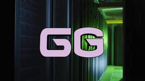 Animation-of-6g-text-banner-against-empty-computer-server-room