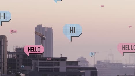 Animation-of-social-media-text-in-speech-bubbles-over-cityscape