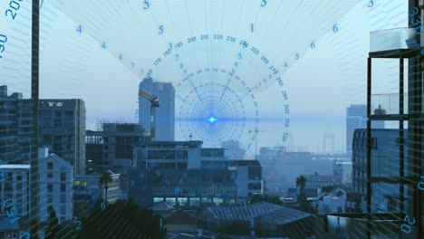 Animation-of-data-processing-spinning-around-blue-light-spot-against-aerial-view-of-cityscape