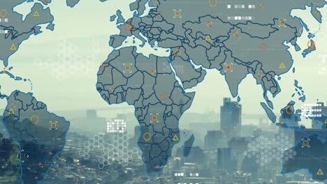 Animación-Del-Mapa-Mundial-Y-Procesamiento-De-Datos-Sobre-El-Paisaje-Urbano