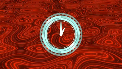 Animation-of-neon-ticking-clock-over-kaleidoscopic-pattern-against-red-background