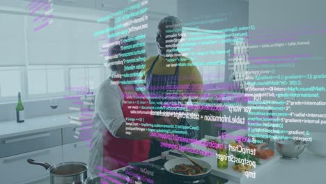 Animation-of-computer-language-over-happy-senior-african-american-couple-cooking-in-kitchen-at-home