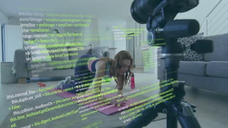Animation-of-data-processing-over-caucasian-woman-making-video-and-exercising