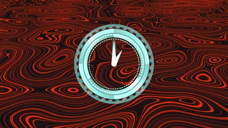 Animation-of-clock-moving-fast-over-red-patterned-background