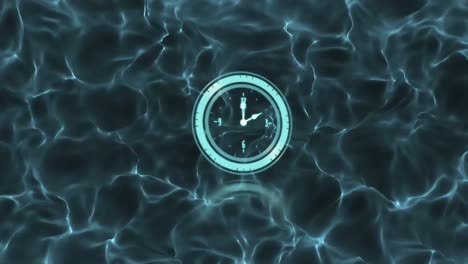 Animation-of-clock-moving-fast-over-blue-patterned-background