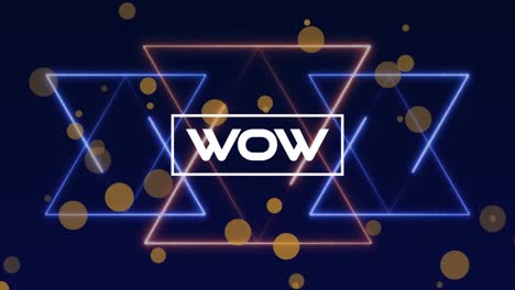 Animation-of-wow-text-banner-and-yellow-spots-over-neon-geometric-shapes-on-blue-background
