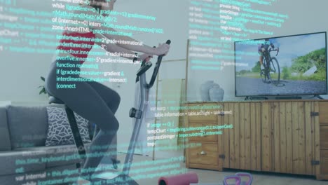Animation-of-data-processing-over-caucasian-woman-riding-stationary-bike