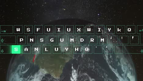 Animation-of-illuminated-abstract-pattern-moving-on-keyboard-over-globe-against-space