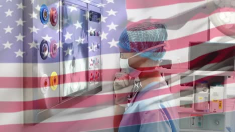Animation-of-flag-of-usa-over-biracial-female-surgeon-in-face-mask-looking-at-x-ray-scan
