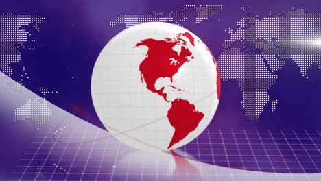 Animation-of-globe,-world-map-and-data-processing-over-purple-background