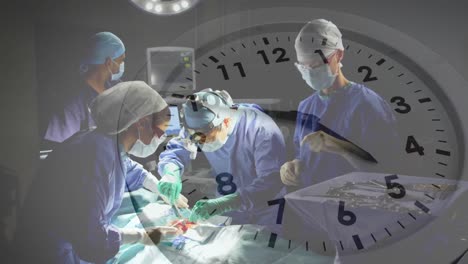 Animation-of-ticking-clock-against-team-of-diverse-surgeons-performing-surgery-at-hospital