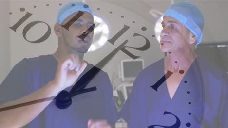Animation-of-ticking-clock-against-two-diverse-male-surgeons-discussing-at-hospital