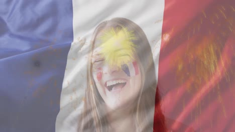Animation-of-flag-of-france-and-fireworks-over-caucasian-woman-celebrating
