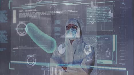 Animation-of-scientific-data-processing-over-caucasian-male-doctor-in-mask-and-ppe-suit