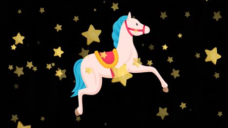 Animation-of-horse-and-gold-stars-falling-on-black-background