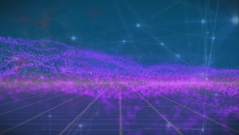 Animation-of-connections-with-data-processing-over-purple-mesh-and-blue-background