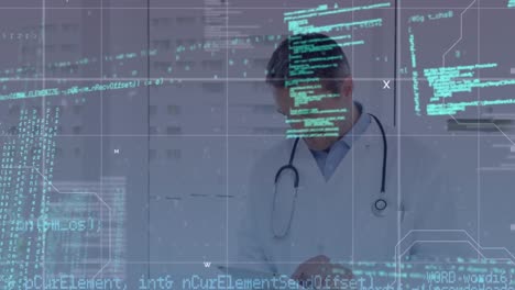 Animation-Der-Datenverarbeitung-über-Einem-Kaukasischen-Männlichen-Arzt