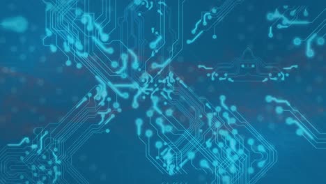 Animation-of-circuit-board,-connections-and-data-processing-over-blue-background