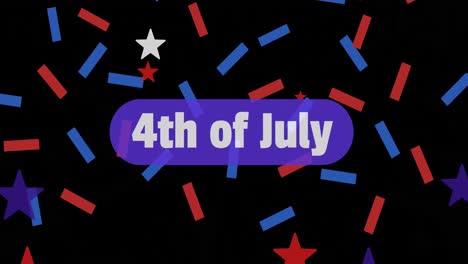 Animation-Des-4.-Juli-Textes-Und-Weißer,-Blauer,-Roter-Amerikanischer-Sterne-Und-Streifen-Auf-Schwarzem-Hintergrund