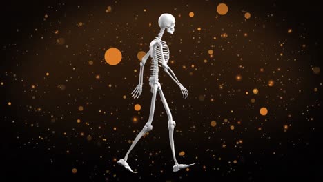 Animation-Eines-Menschlichen-Skelettmodells-Beim-Gehen-Und-Gelber-Flecken-Vor-Braunem,-Strukturiertem-Hintergrund