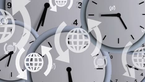 Animation-of-globes-and-arrows-icons-over-clocks