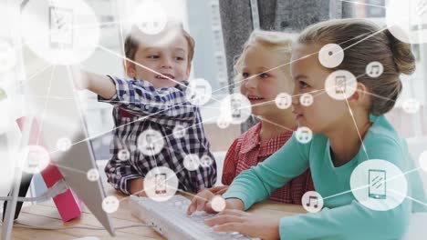 Animation-of-network-of-connections-with-icons-over-diverse-children-using-computer