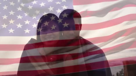 Animation-of-diverse-couple-in-love-over-flag-of-united-states-of-america
