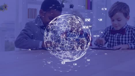 Animation-of-connected-dots-forming-globe-with-numbers-over-diverse-children-using-digital-tablet