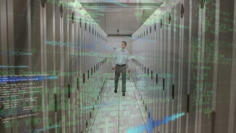 Animation-of-data-processing-against-caucasian-male-engineer-walking-at-computer-server-room
