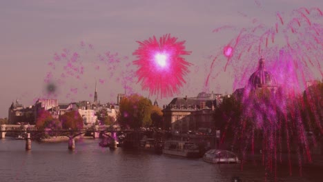 Animation-of-pink-fireworks-over-paris-cityscape-with-river