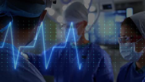 Animation-of-heart-rate-monitor-over-team-of-diverse-surgeons-performing-operation-at-hospital