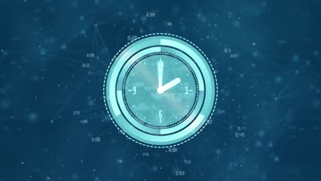 Animation-of-moving-clock-over-network-of-connections-with-data-processing-on-blue-background