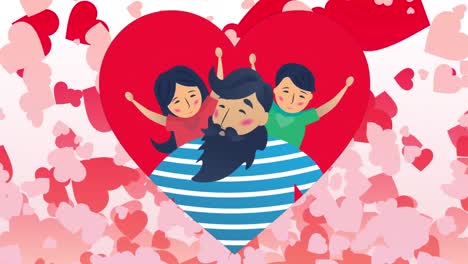 Animation-of-family-icon-with-man-and-children-and-hearts-on-white-background
