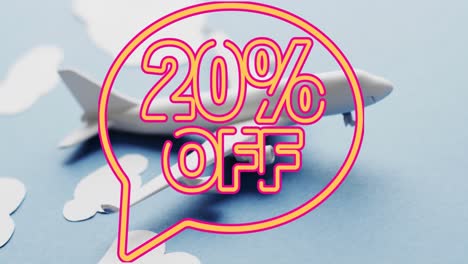Animation-of-20-percent-off-text-over-plane-model-with-clouds-on-blue-background