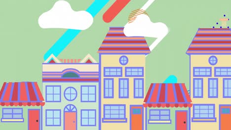 Animation-of-city-with-colourful-houses-over-shapes-moving