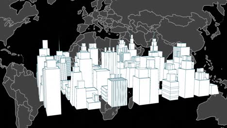 Animación-De-Ciudad-Digital-Sobre-Mapa-Mundial-Sobre-Fondo-Negro
