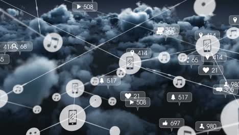 Animation-of-media-icons-and-network-of-connections-over-clouds