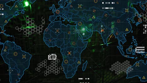 Animación-Del-Mapa-Mundial-Y-Procesamiento-De-Datos-Contra-El-Primer-Plano-De-Un-Servidor-Informático
