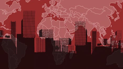 Animación-De-La-Ciudad-Digital-Sobre-El-Mapa-Mundial-Sobre-Fondo-Rojo