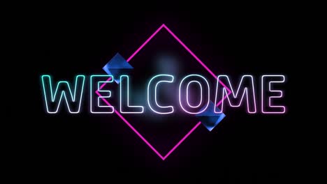 Animation-of-interference-over-welcome-text-and-neon-shapes-on-black-background