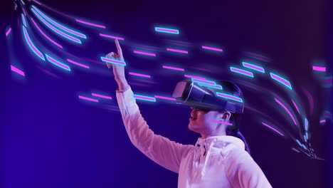 Animation-of-glowing-light-trails-of-data-transfer-and-asian-woman-in-vr-headset