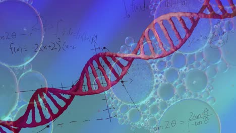 Animation-Von-Blasen-über-DNA-Strang-Und-Mathematischen-Gleichungen-Auf-Blauem-Hintergrund