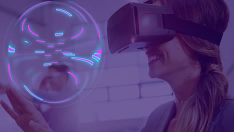 Animation-of-glowing-light-trails-of-data-transfer-and-caucasian-woman-in-vr-headset