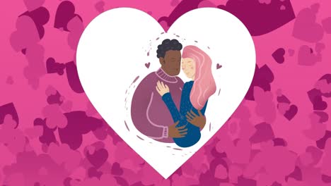 Animation-of-couple-hugging-icon-and-hearts-on-pink-background