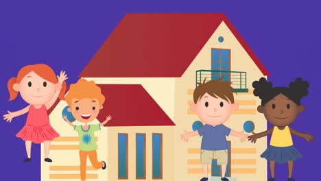 Animation-of-happy-diverse-children-jumping-over-house