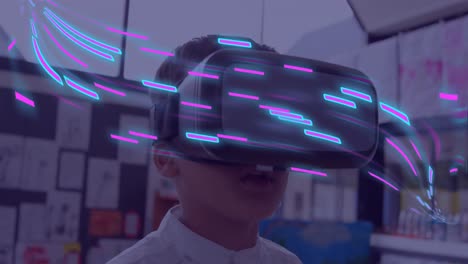 Animation-of-glowing-light-trails-of-data-transfer-over-biracial-boy-in-vr-headset
