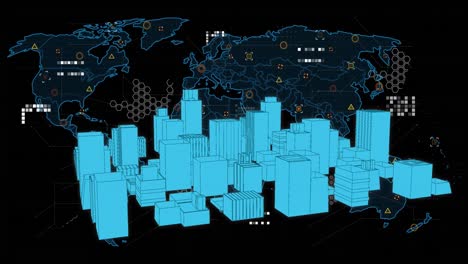 Animation-of-digital-city-over-world-map-with-data-processing-on-black-background