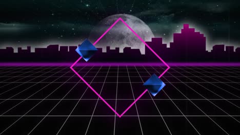 Animation-of-interference-and-neon-shapes-moving-over-cityscape-and-moon-on-black-background