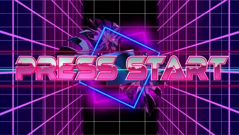 Animation-of-press-start-text-and-leaves-over-neon-shapes-on-black-background