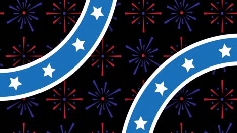 Animation-of-blue-shapes-with-white-stars-over-fireworks-on-black-background